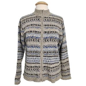 Vintage Mom Cardigan Nordic Long Sleeve Zip Up Sweater Taupe Blue Medium